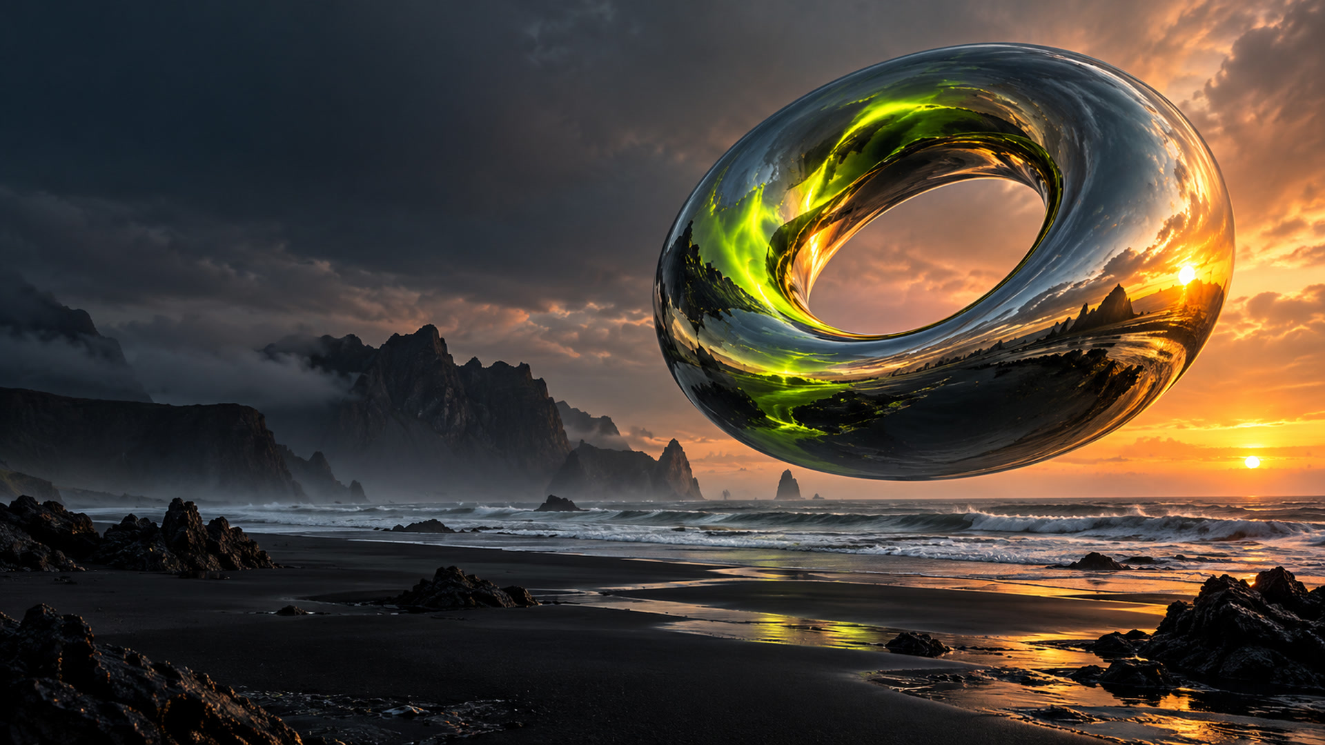 Original AI concept of a chrome ring hovering above a volcanic coastline
